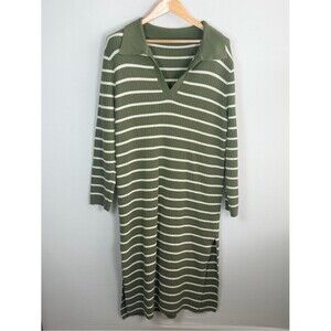 Striped Waffle Knit Midi Dress Collared V Neck Olive Green Slit XL